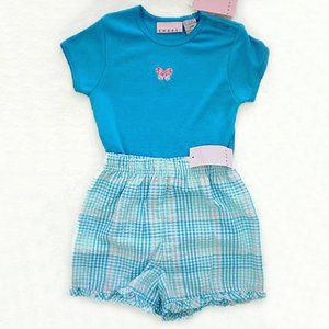 Girls NWT Sweet SZ 24M Butterfly and Turquoise Plaid 2pc Playset Top and Short